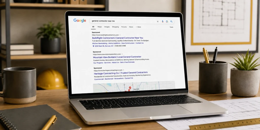 Google search results displaying contractor Google Ads for local general contractors on a laptop screen