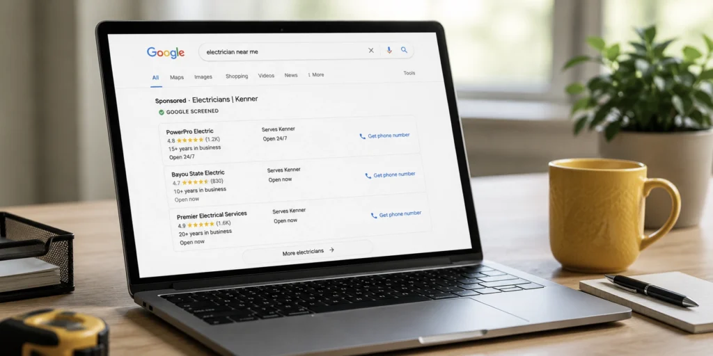 Laptop displaying Google Local Service Ads results for local electricians with Google Guaranteed listings