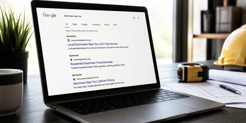 Laptop showing Google Search Ads results for electricians near me and sponsored local electrical service listings