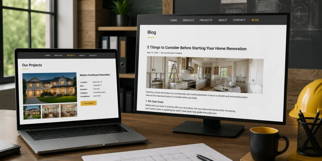 Project page and blog post comparison on a contractor website shown on a laptop and desktop monitor