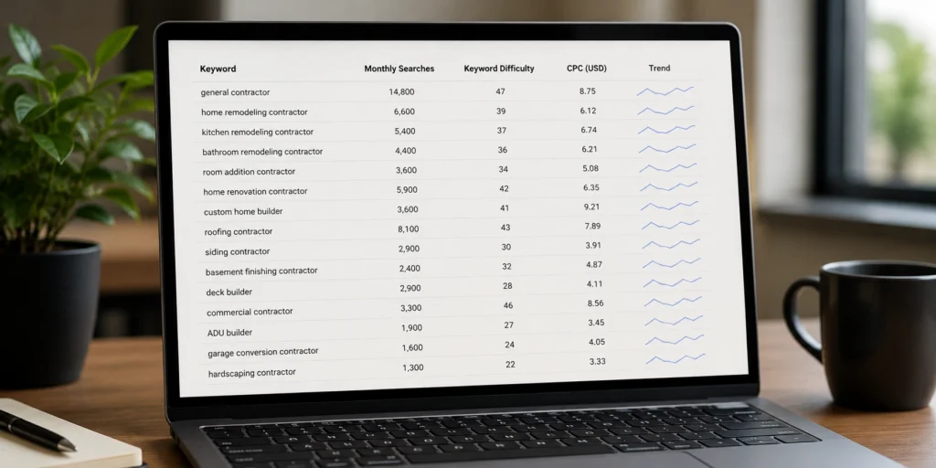 Contractor keyword research data for high-value construction search terms