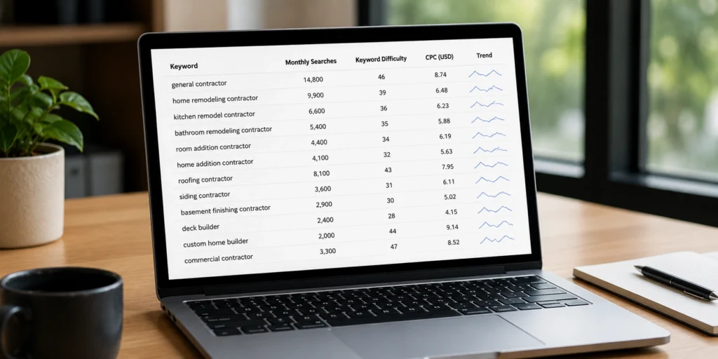 Contractor keyword research showing search volume, difficulty, and CPC data
