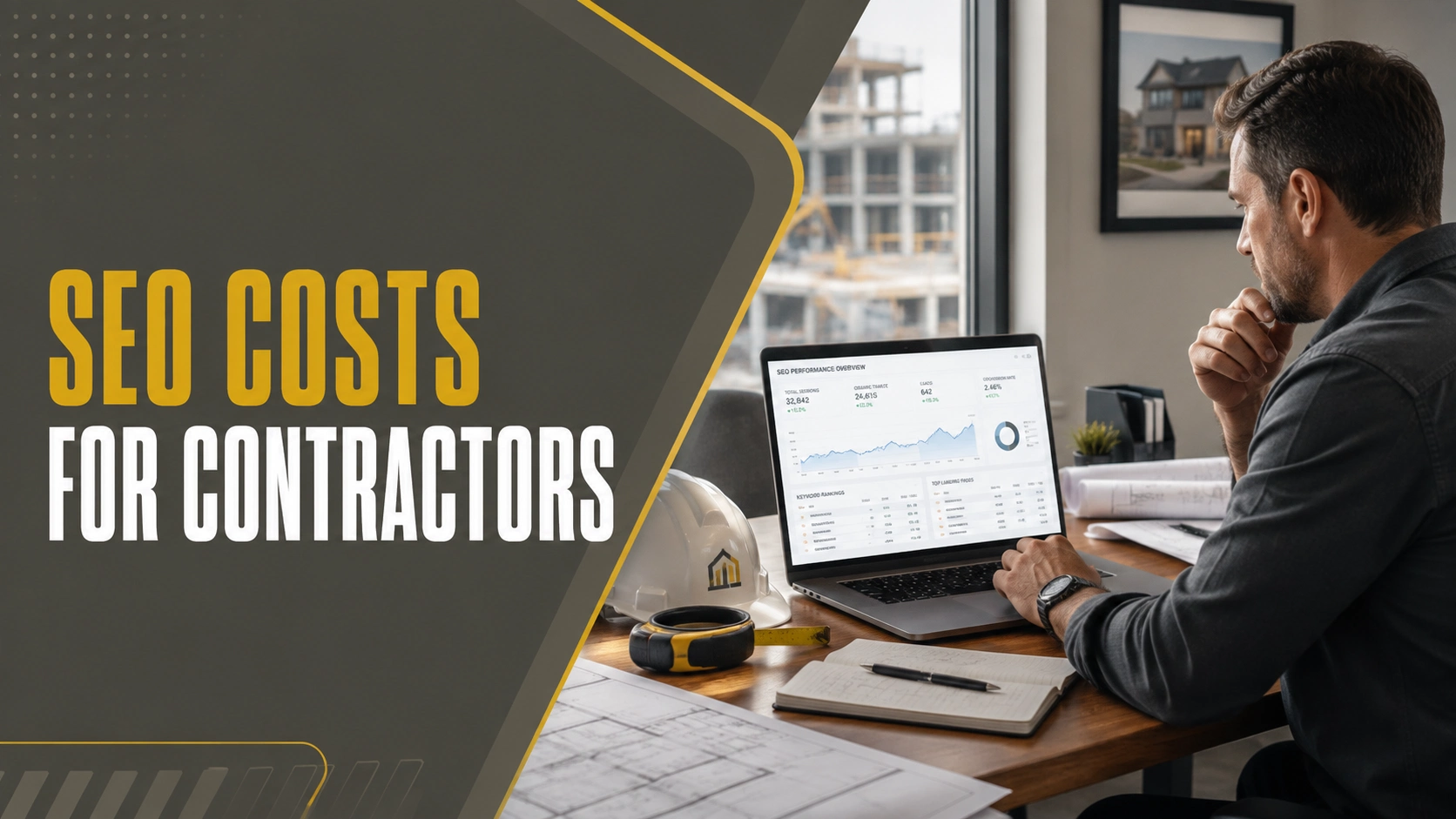 Contractor reviewing SEO costs and performance data on a laptop in a construction office