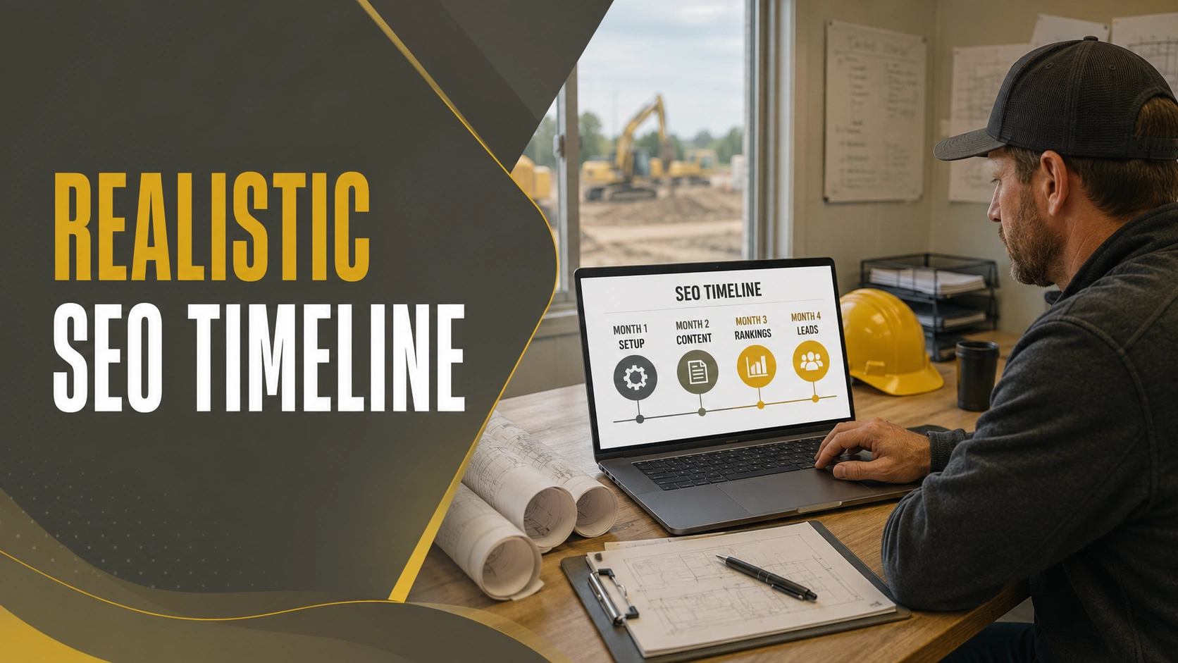 Contractor reviewing a realistic SEO timeline on a laptop at a construction site office.