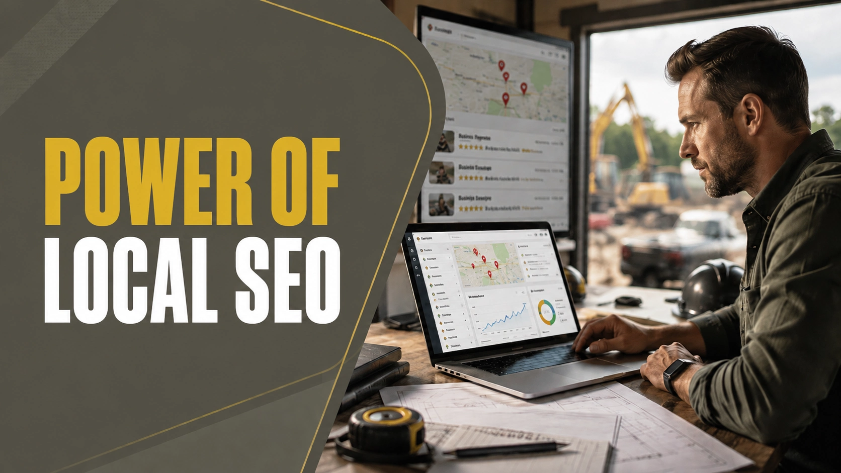 Contractor reviewing local SEO rankings, Google Maps results, and website performance on a laptop at a construction site