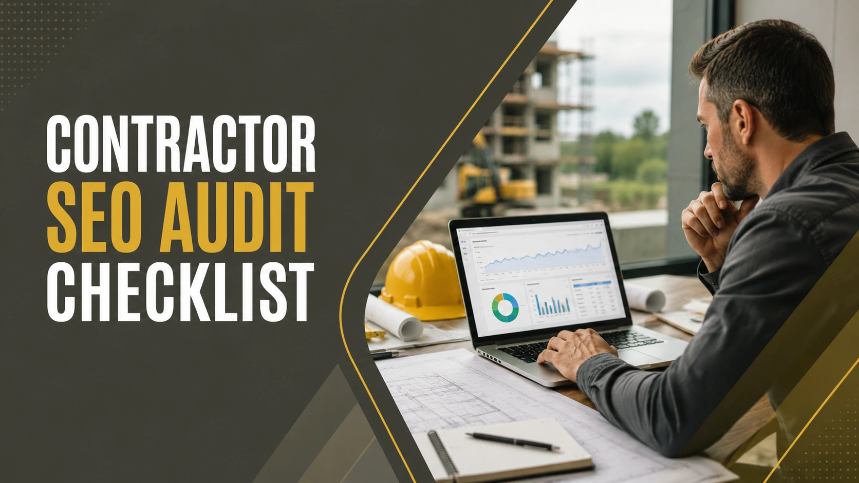 Contractor reviewing website analytics and SEO audit data on a laptop at a construction site