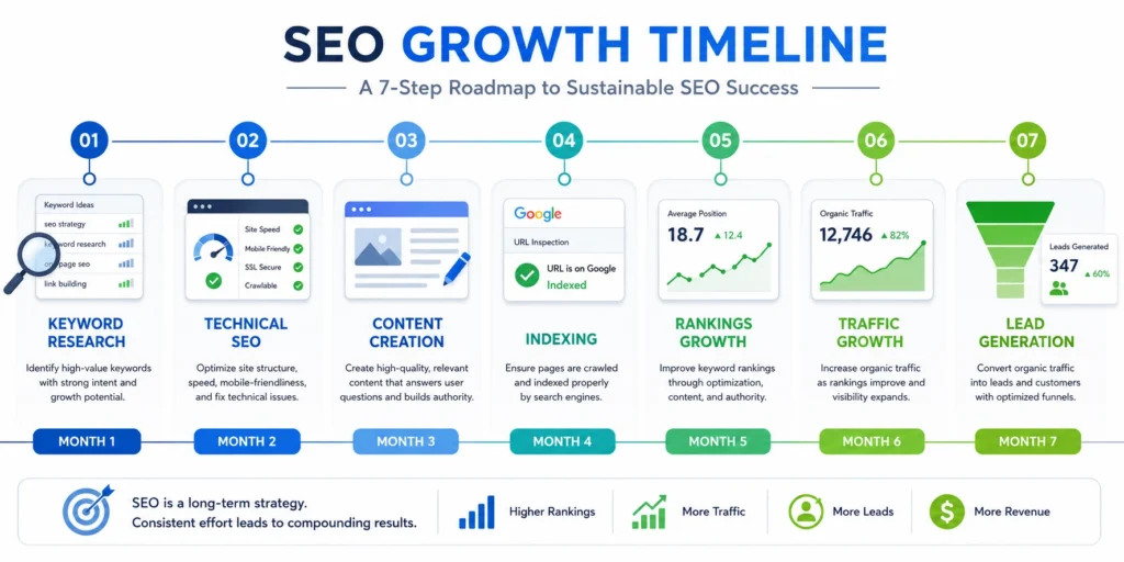 SEO growth timeline showing keyword research, technical SEO, content creation, rankings, traffic, and lead generation
