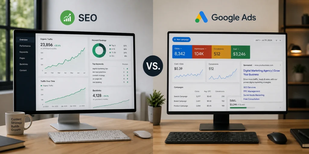 SEO vs Google Ads campaign performance comparison dashboard