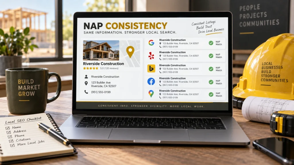 Contractor NAP consistency dashboard showing matching business name, address, and phone number across local citation listings.