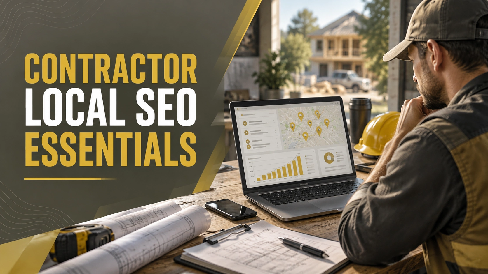 Contractor reviewing local SEO performance and location rankings on a laptop at a residential construction site