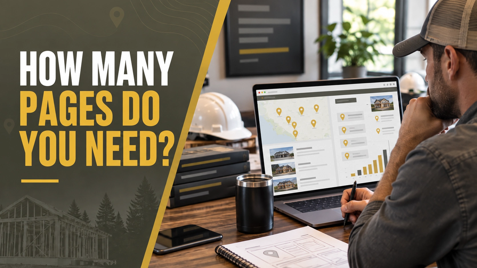 Contractor reviewing service area pages and local SEO locations on a laptop