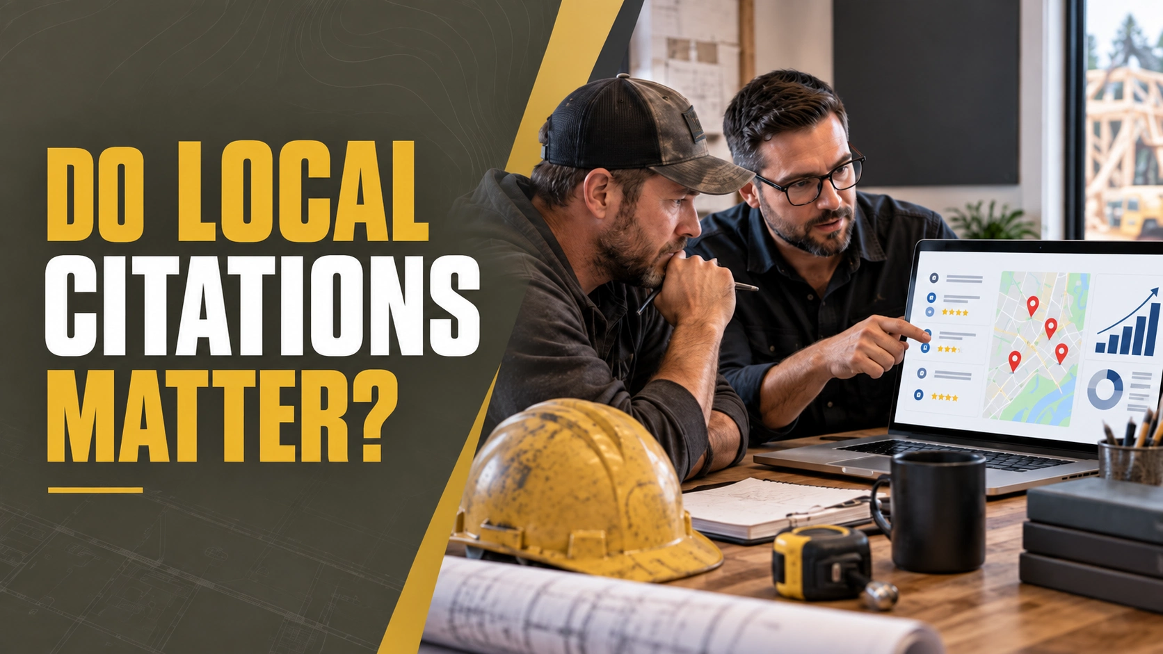 Contractors reviewing local citations, map listings, and local SEO performance on a laptop