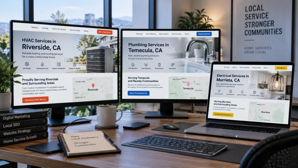 Local SEO service pages for HVAC, plumbing, and electrical contractors displayed on computer screens with location-specific content