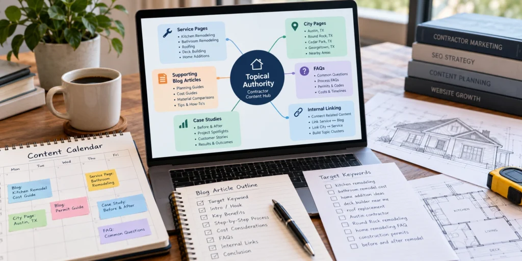 Contractor SEO content planning workspace with topical authority clusters, supporting blog articles, service pages, and content calendar